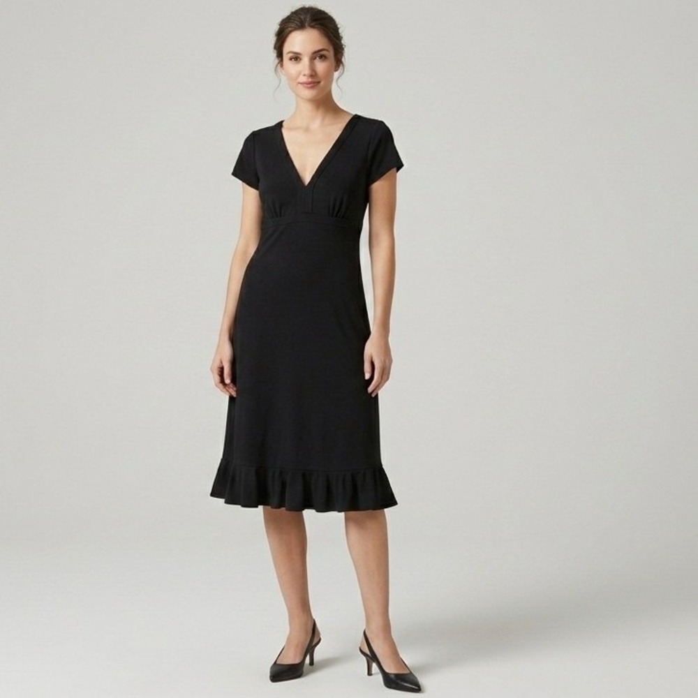 Loft Black V-Neck Empire Waist Ruffle Hem Midi‎ Dress Size 6